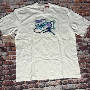 Jordan White Short Sleeve Tee with Blue-Purple Graffiti Logo
